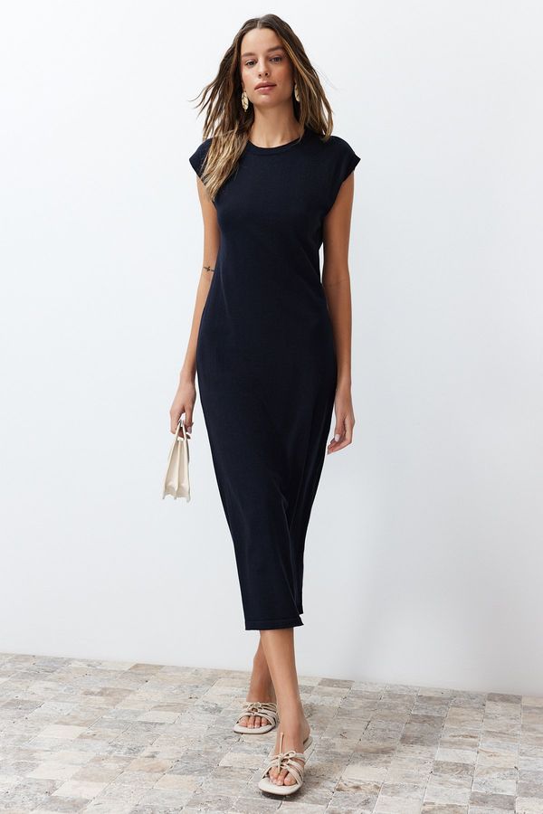 Trendyol Trendyol Navy Blue Midi Knitwear Belt Color Block Dress