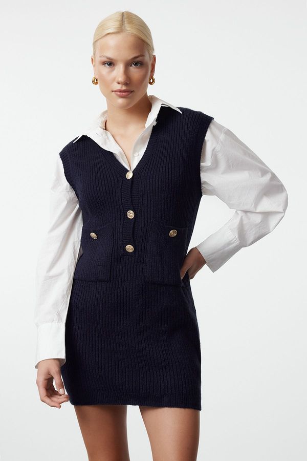 Trendyol Trendyol Navy Blue Mini Knitwear Soft Texture V Neck Dress