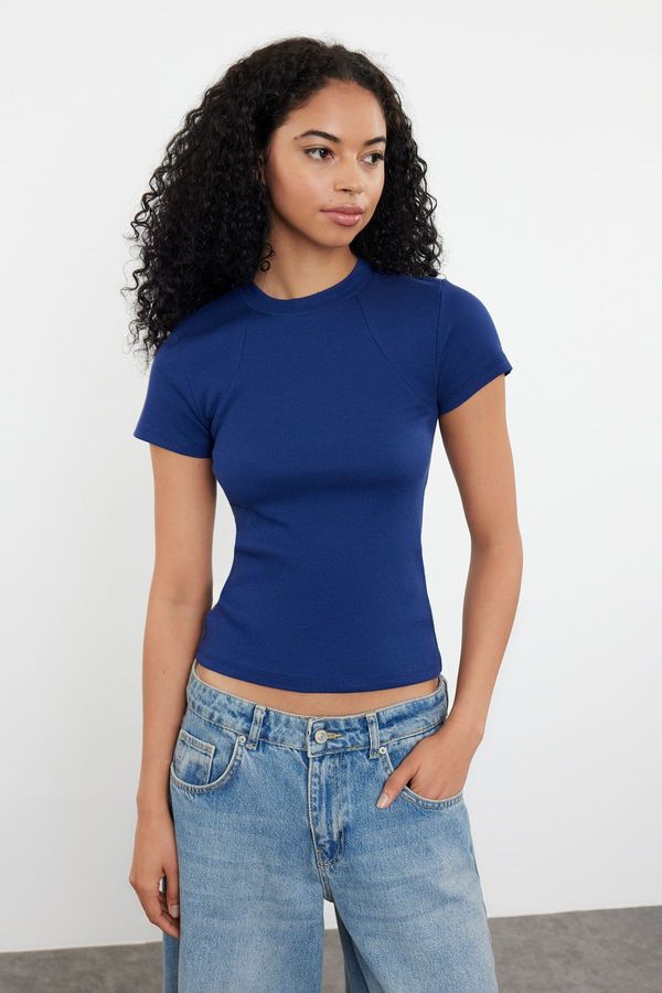 Trendyol Trendyol Navy Blue More Sustainable Fitted Short Sleeve Stretchy Knitted Blouse