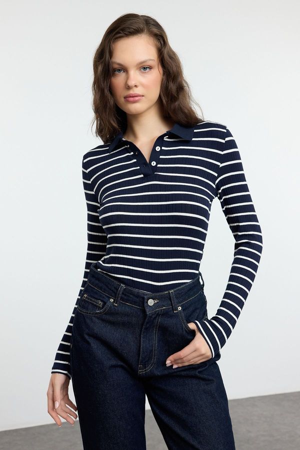 Trendyol Trendyol Navy Blue More Sustainable Striped Button-Down Collar Knitted Blouse