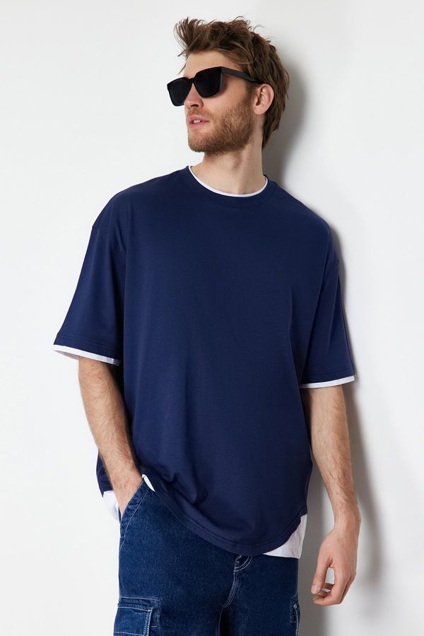 Trendyol Trendyol Navy Blue Moška prevelika / široko rezana 100% bombažna barvna majica