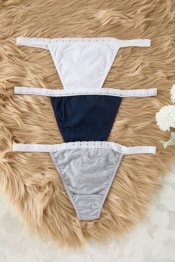 Trendyol Trendyol Navy Blue-Multi Colorful 3-Pack Cotton Lace Detail Thong Knitted Panties
