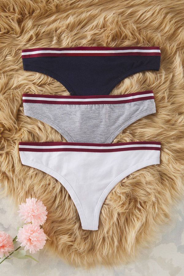 Trendyol Trendyol Navy Blue-Multi Colorful 3-Pack Jersey Plain Thong Panties