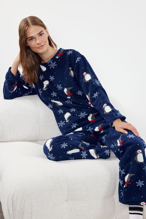 Trendyol Trendyol Navy Blue-Multicolor Animal Fleece Knitted Pajama Set