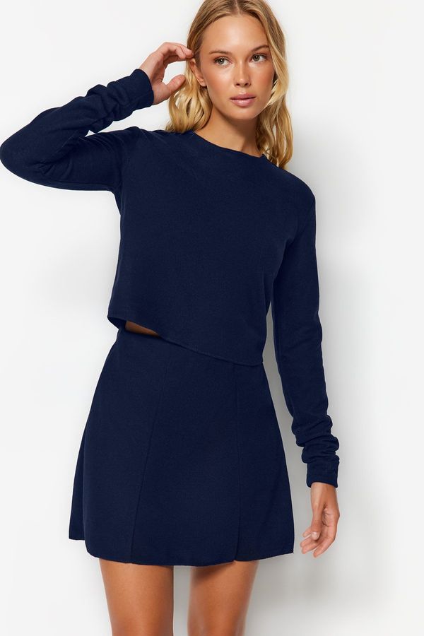 Trendyol Trendyol Navy Blue Off-Shoulder Crew Neck Crop Thessaloniki/Knit Look Knitted Blouse