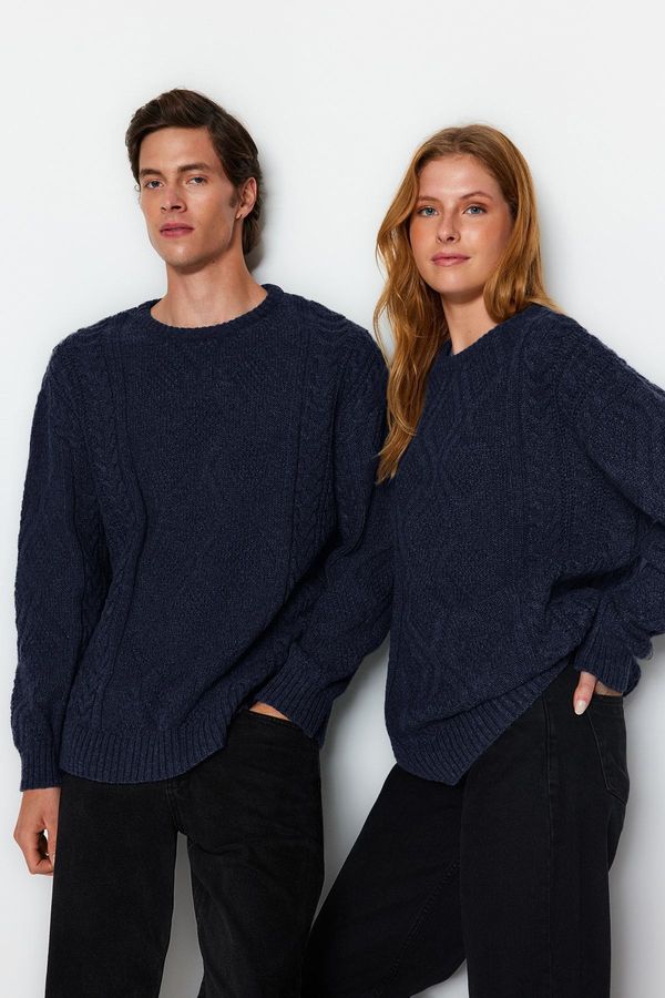 Trendyol Trendyol Navy Blue Oversize Crew Neck Hair Knitted Sweater