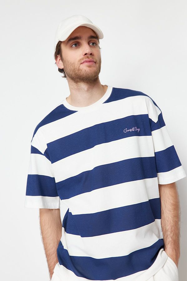 Trendyol Trendyol Navy Blue Oversize Text Embroidered Striped 100% Cotton T-Shirt