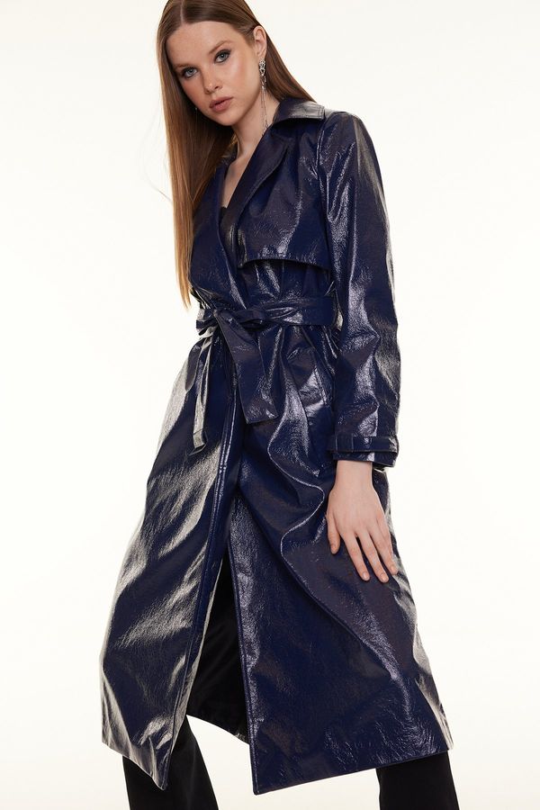 Trendyol Trendyol Navy Blue Oversize Wide Cut Patent Leather Trench Coat