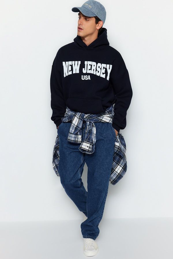 Trendyol Trendyol Navy Blue Oversize/Wide Cut City Printed Cotton Fleece/Warm Sweatshirt