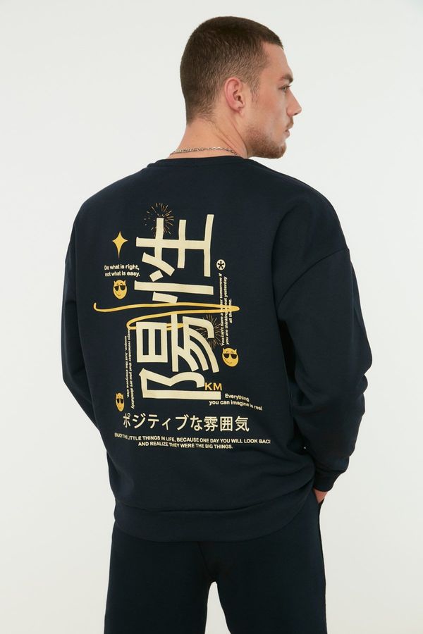 Trendyol Trendyol Navy Blue Oversize/Wide Cut Crew Neck Fleece/Warm Printed Sweatshirt