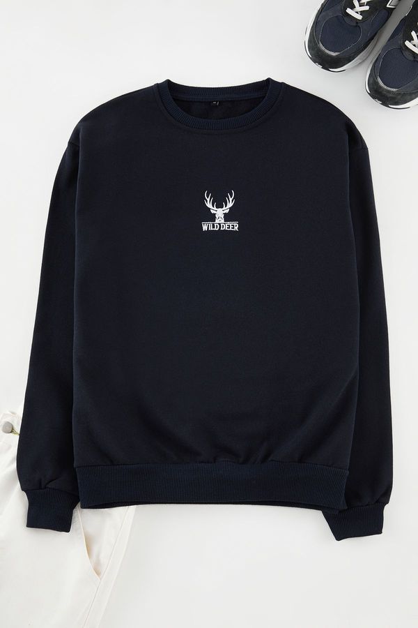 Trendyol Trendyol Navy Blue Oversize/Wide Cut Crew Neck Long Sleeve Animal Embroidered Sweatshirt