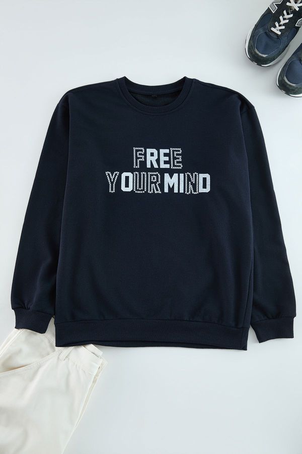 Trendyol Trendyol Navy Blue Oversize/Wide Cut Crew Neck Puffy Text Printed Sweatshirt