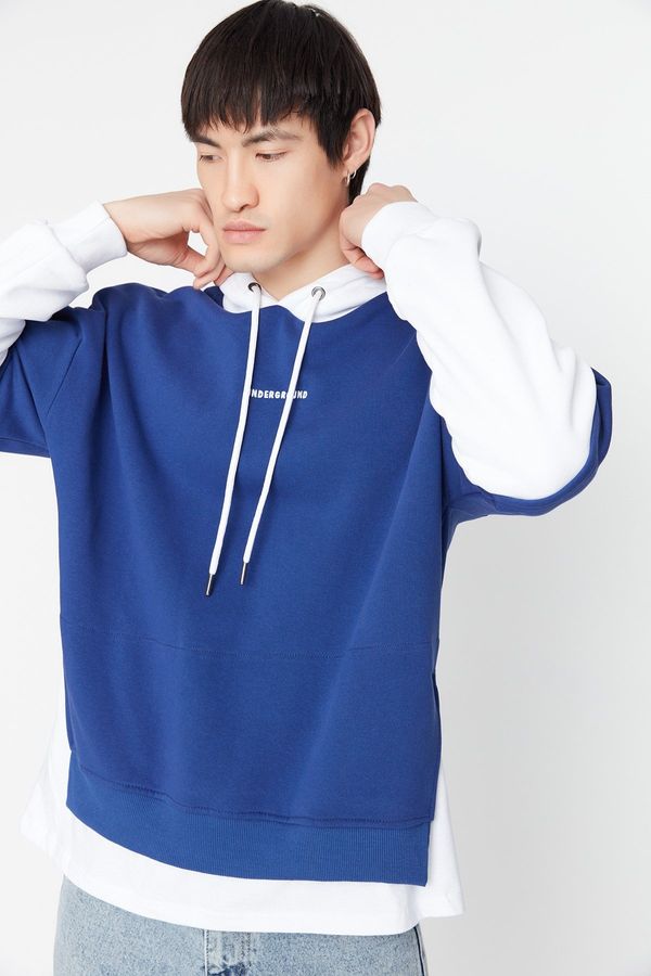 Trendyol Trendyol Navy Blue Oversize/Wide Cut Fit Hooded Embroidered Paneled Thick Sweatshirt