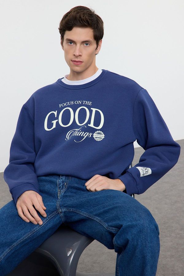 Trendyol Trendyol Navy Blue Oversize/Wide Cut Polar Fleece Printed Sweatshirt