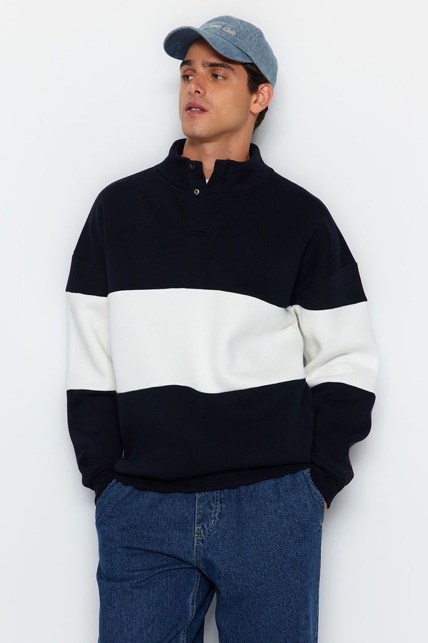 Trendyol Trendyol Navy Blue Oversize/Wide Cut Stand Collar Color Blocked Fleece Sweatshirt