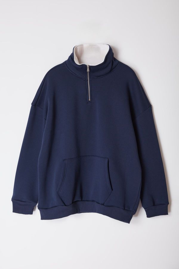 Trendyol Trendyol Navy Blue Oversize/Wide Cut Stand Collar Zippered Plus Size Sweatshirt