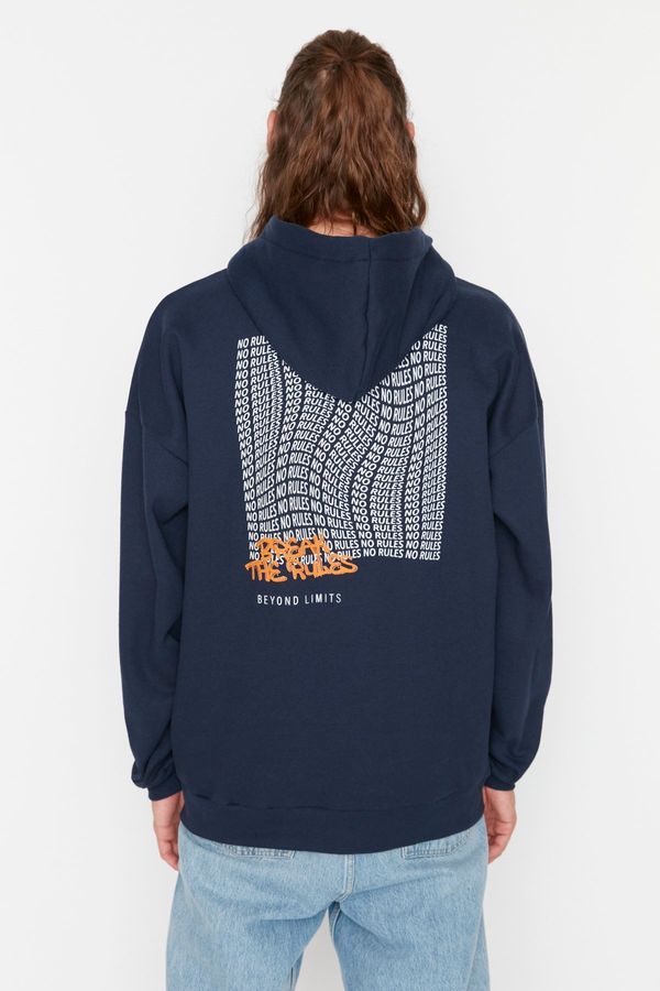 Trendyol Trendyol Navy Blue Oversize/Wide Cut Text Printed Inside Polar Fleece/Warm Sweater