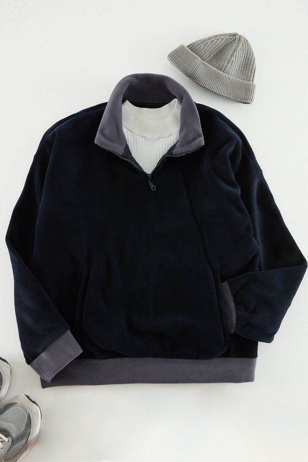 Trendyol Trendyol Navy Blue Oversize/Wide Cut Zippered Color Blocked Fleece/Plush Sweatshirt