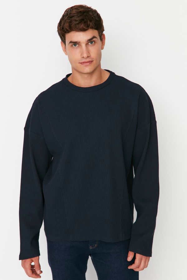 Trendyol Trendyol Navy Blue Oversize/Wide-Fit Crew Neck Stitch Detail Textured T-Shirt