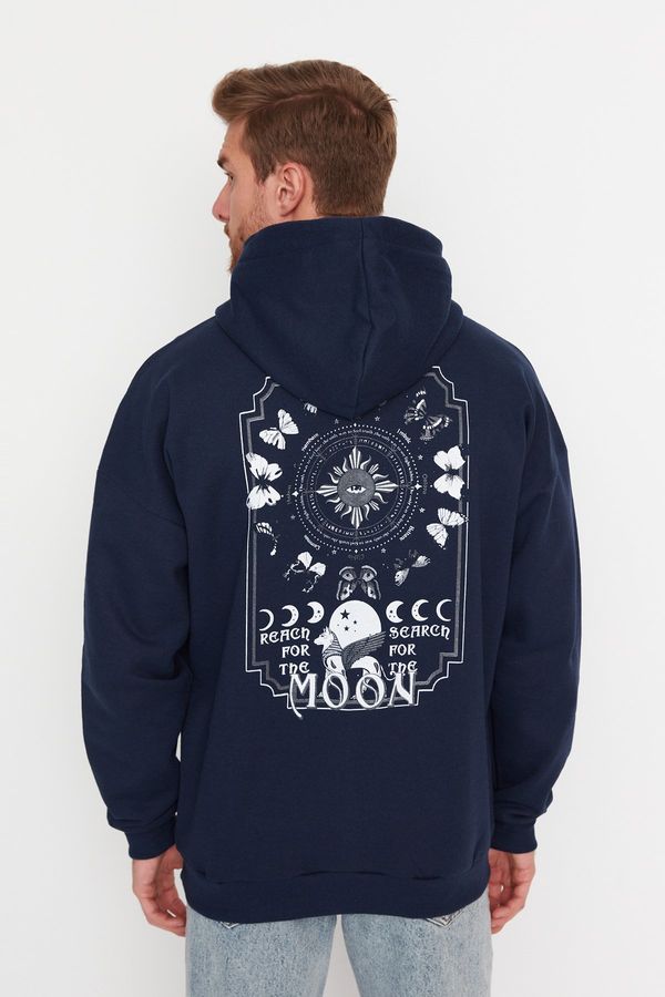 Trendyol Trendyol Navy Blue Oversize/Wide-Fit Space Printed Fleece Cotton Sweatshirt