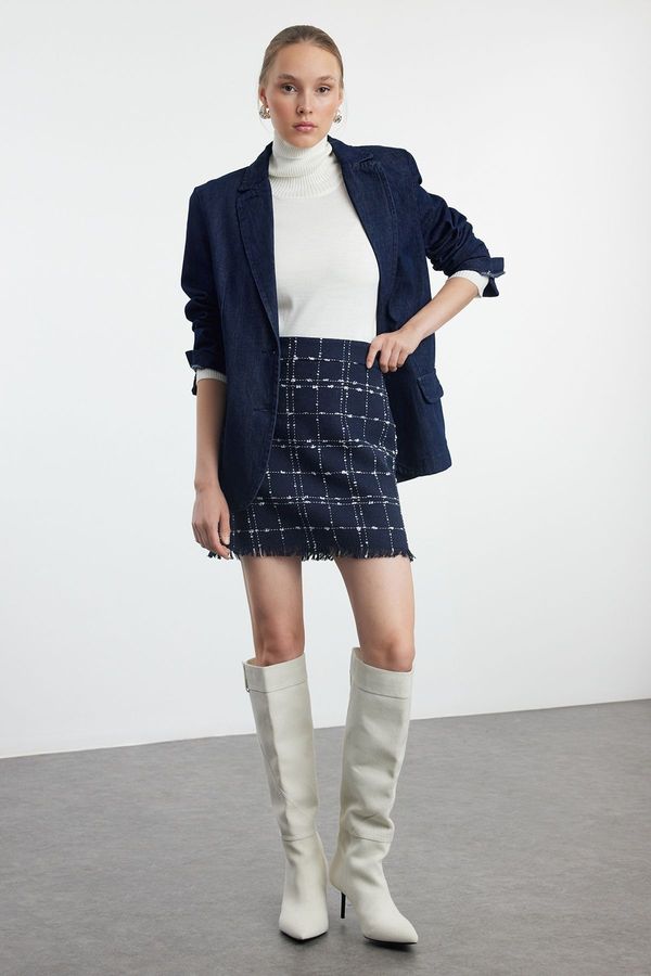 Trendyol Trendyol Navy Blue Plaid Tweed Fabric Mini Woven Skirt