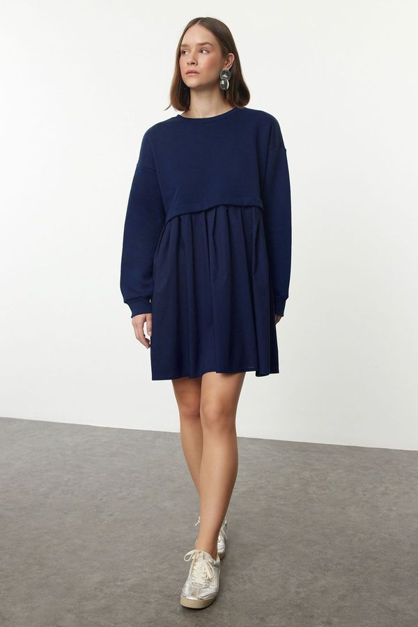 Trendyol Trendyol Navy Blue Plain Woven Garni and Pleat Detailed A-Line/Bell Form Knitted Dress