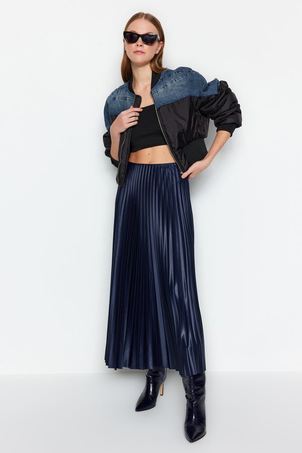 Trendyol Trendyol Navy Blue Pleated Maxi Stretchy Knitted Skirt