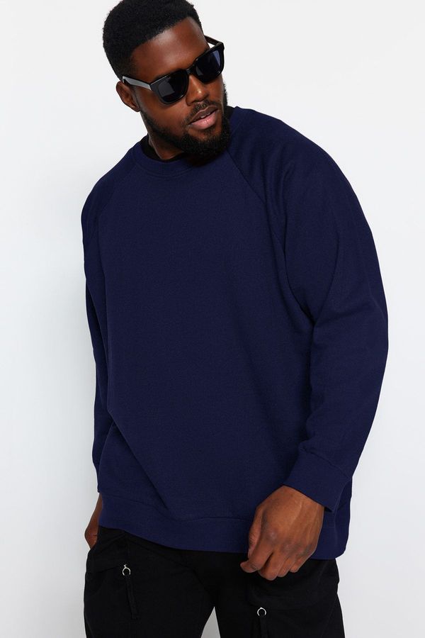 Trendyol Trendyol Navy Blue Plus Size Crew Neck Oversize/Wide Cut Fleece Inside Sweatshirt