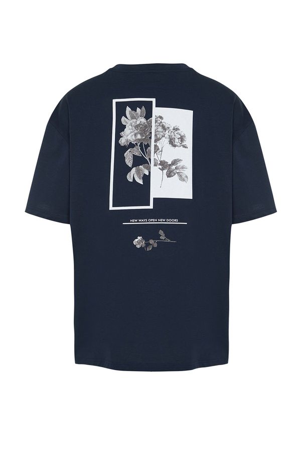 Trendyol Trendyol Navy Blue Plus Size Oversize Comfortable Floral Printed 100% Cotton T-Shirt