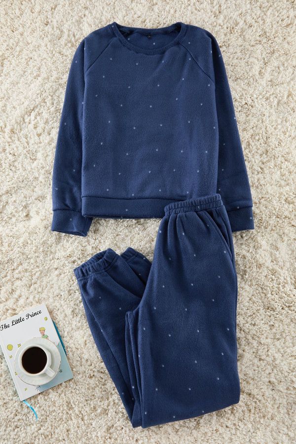 Trendyol Trendyol Navy Blue Polka Dot Fleece Winter Knitted Pajamas Set