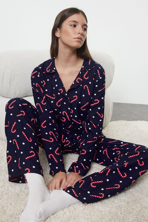 Trendyol Trendyol Navy Blue Polka Dot New Year Themed Viscose Woven Pajama Set