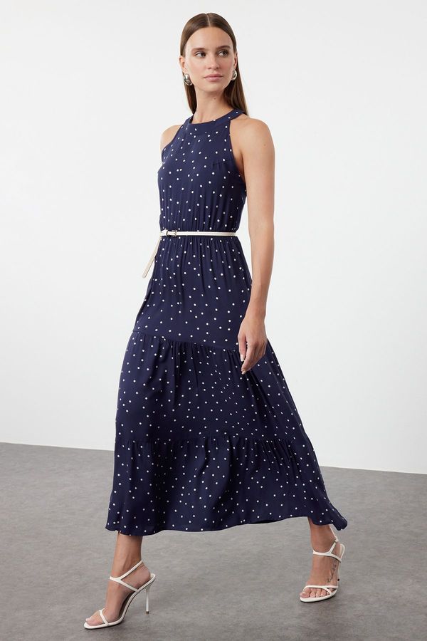 Trendyol Trendyol Navy Blue Polka Dot Patterned A-Line Barbell Neck Maxi Woven Dress