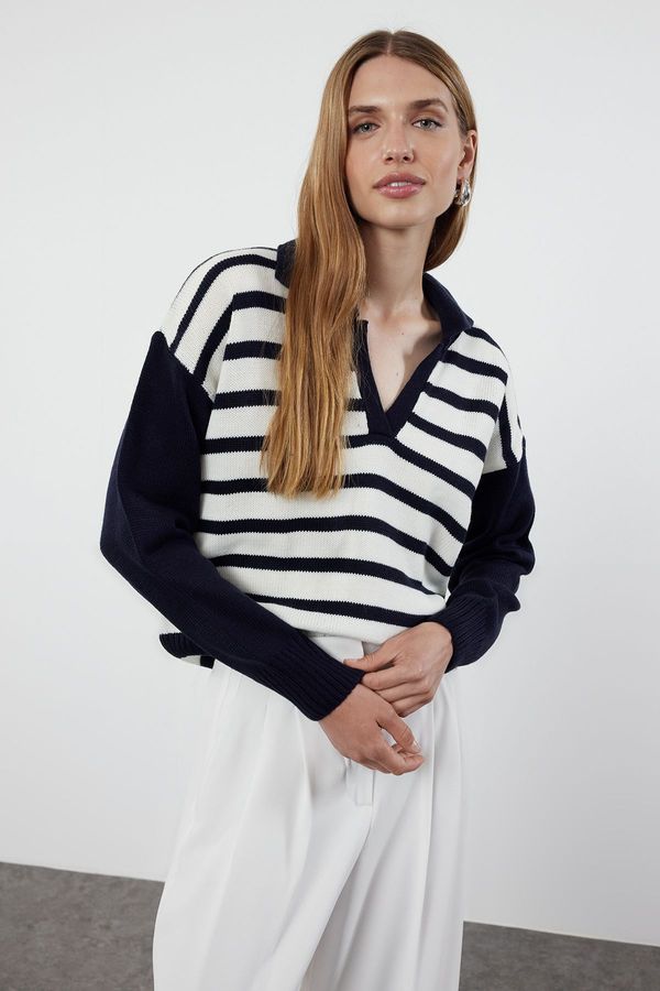 Trendyol Trendyol Navy Blue Polo Neck Striped Knitwear Sweater