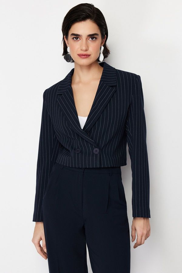 Trendyol Trendyol Navy Blue Polyviscon Striped Crop Premium Woven Blazer Jacket