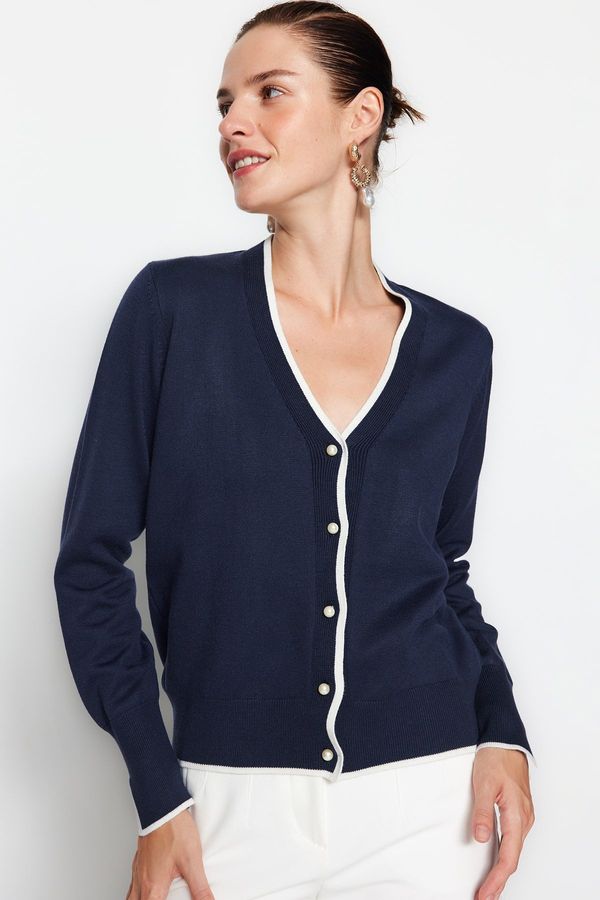 Trendyol Trendyol Navy Blue Premium Yarn/Special Yarn Contrast Color Knitwear Cardigan