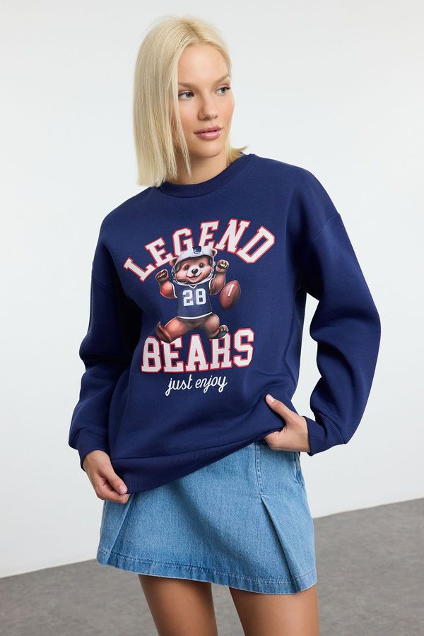 Trendyol Trendyol Navy Blue Printed Oversize/Wide Fit Thick Inside Fleece Knitted Sweatshirt