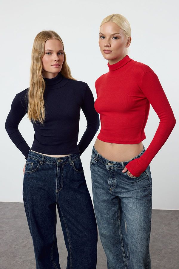 Trendyol Trendyol Navy Blue-Red 2 Pack Fitted Half Fisherman Corded Stretchy Knitted Blouse