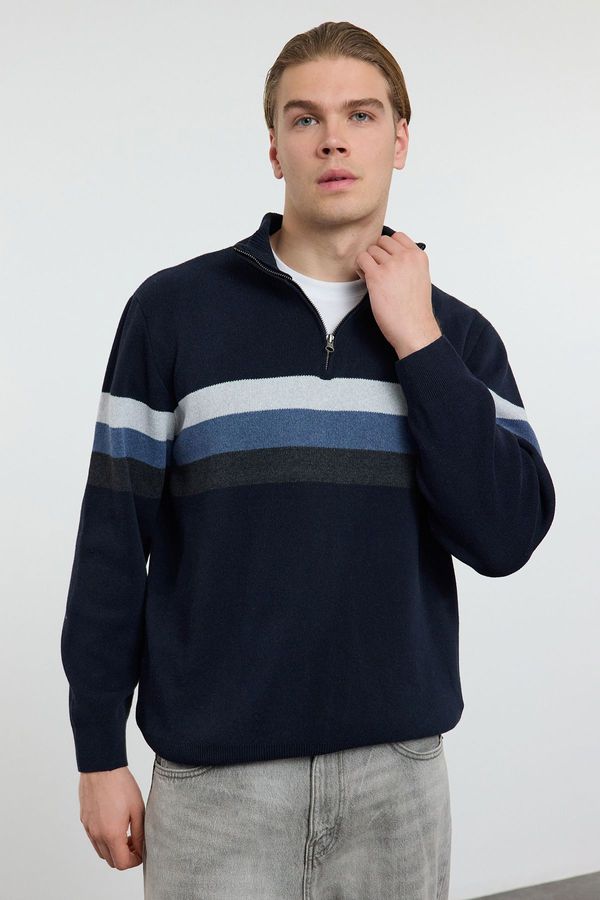 Trendyol Trendyol Navy Blue Regular Cotton Half Turtleneck Color Block Knitwear Sweater