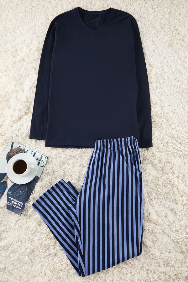 Trendyol Trendyol Navy Blue Regular Fit 100% Cotton Striped Knitted Pajamas Set