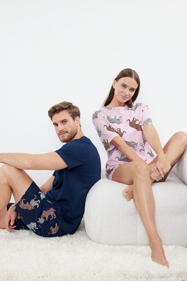 Trendyol Trendyol Navy Blue Regular Fit Animal Patterned Couple Knitted Pajama Set with Shorts