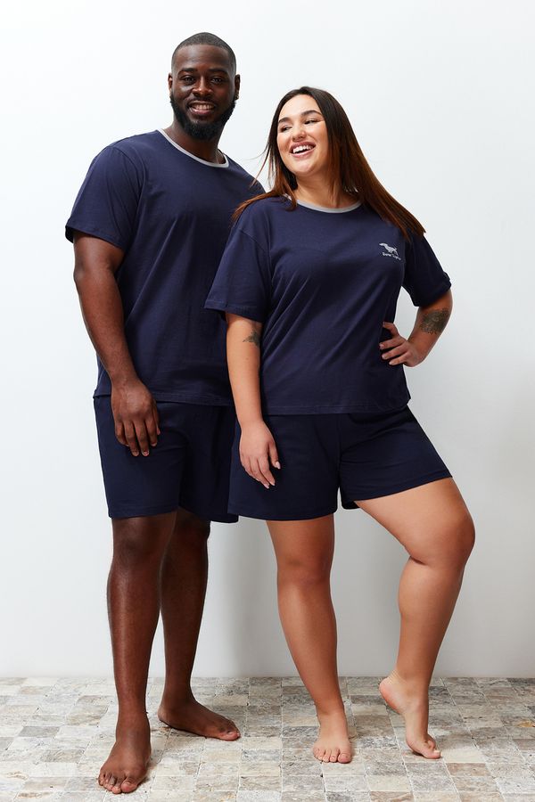 Trendyol Trendyol Navy Blue Regular Fit Embroidered Couple Knitted Plus Size Pajama Set with Shorts