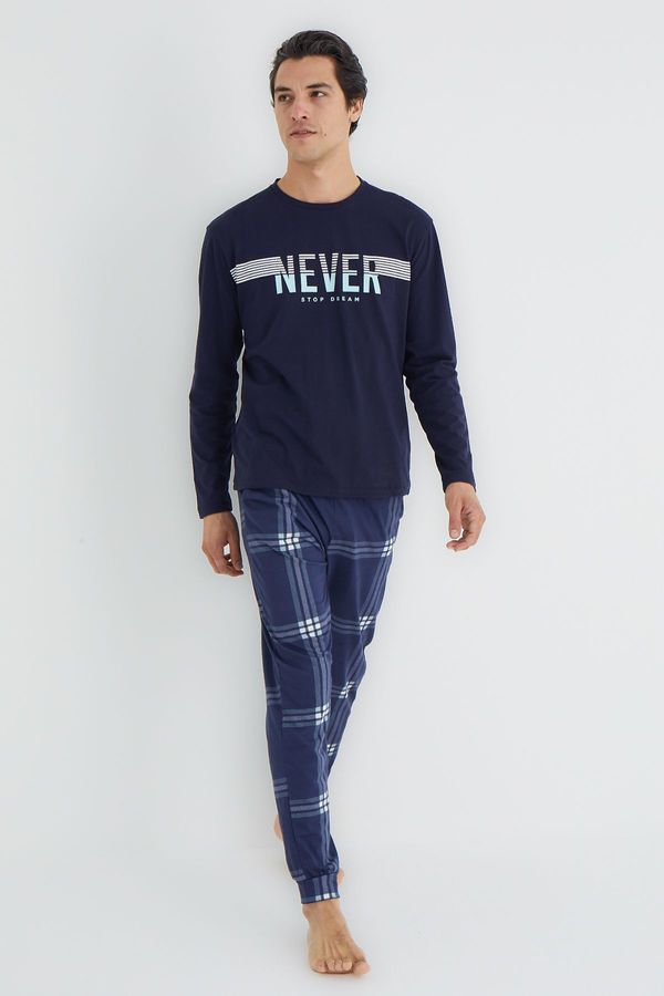 Trendyol Trendyol Navy Blue Regular Fit Plaid Knitted Pajamas Set