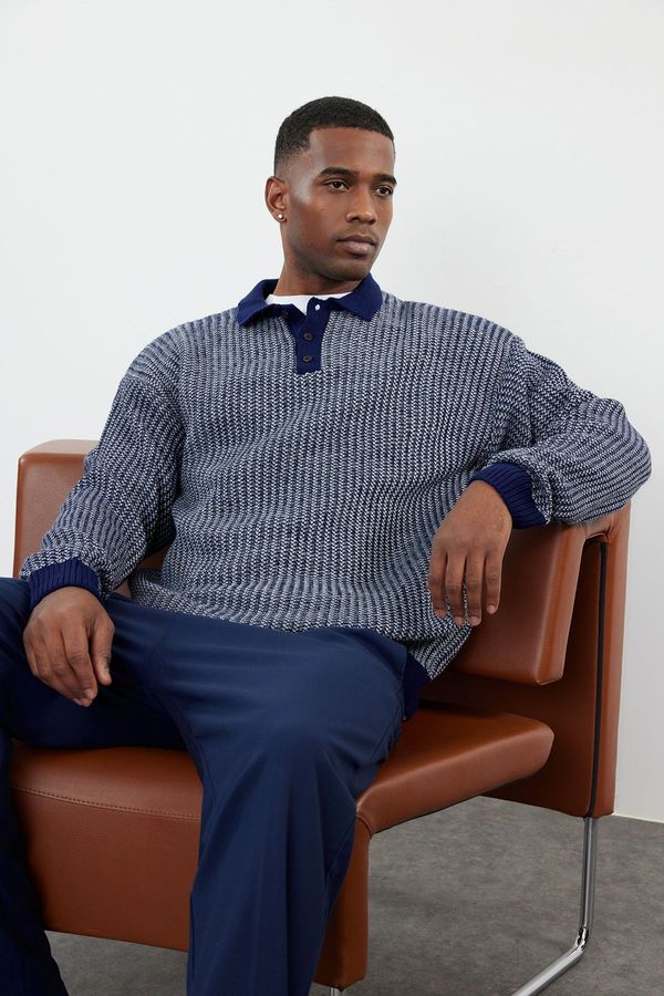 Trendyol Trendyol Navy Blue Regular Polo Neck Textured Knitwear Sweater
