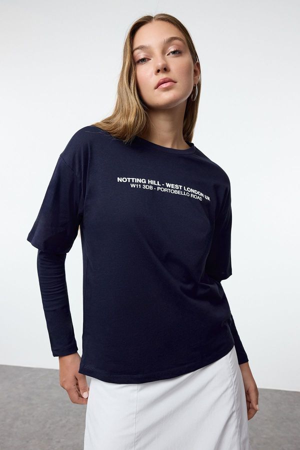 Trendyol Trendyol Navy Blue Relaxed/Comfortable Pattern Slogan Embossed Printed Knitted T-Shirt