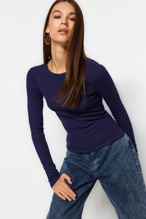 Trendyol Trendyol Navy Blue Ribbed Crew Neck Fitted Cotton Stretch Knitted Blouse