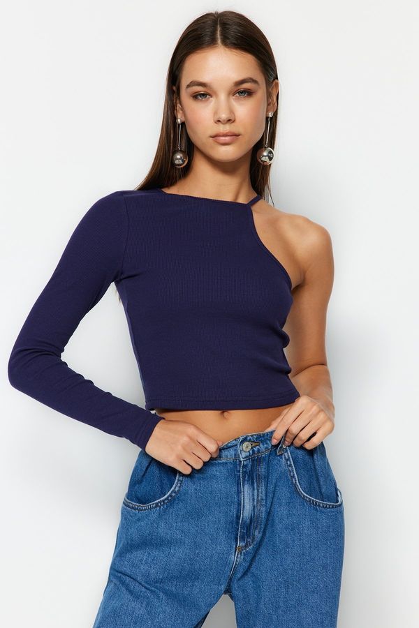 Trendyol Trendyol Navy Blue Ribbed Fitted Crew Neck Single Sleeve Stretchy Knitted Blouse