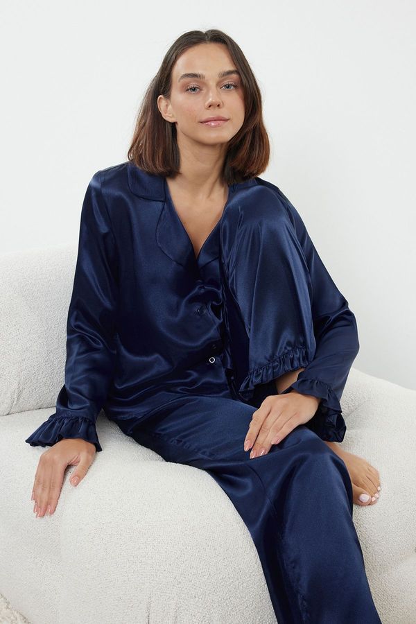 Trendyol Trendyol Navy Blue Ruffle Detailed Satin Woven Pajama Set