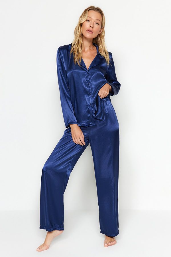 Trendyol Trendyol Navy Blue Satin Shirt-Pants Woven Pajamas Set