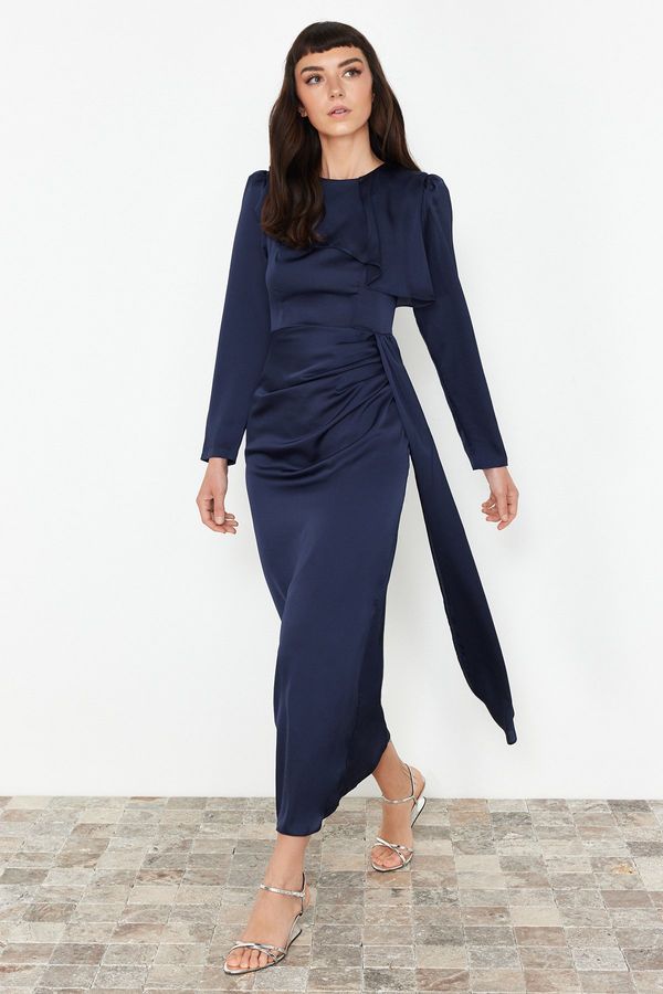 Trendyol Trendyol Navy Blue Shawl Detailed Satin Evening Dress