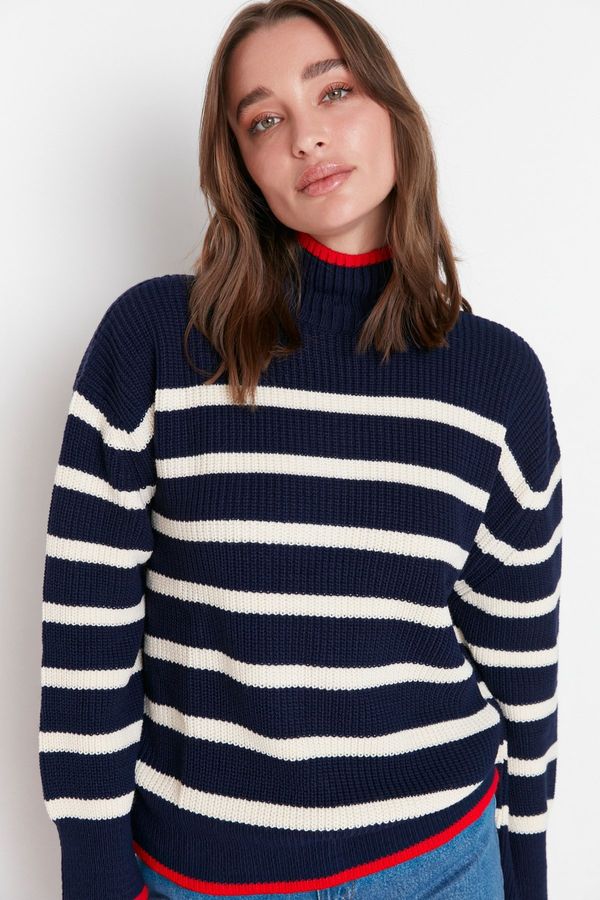 Trendyol Trendyol Navy Blue širok vzorec črtasto pletenino pulover